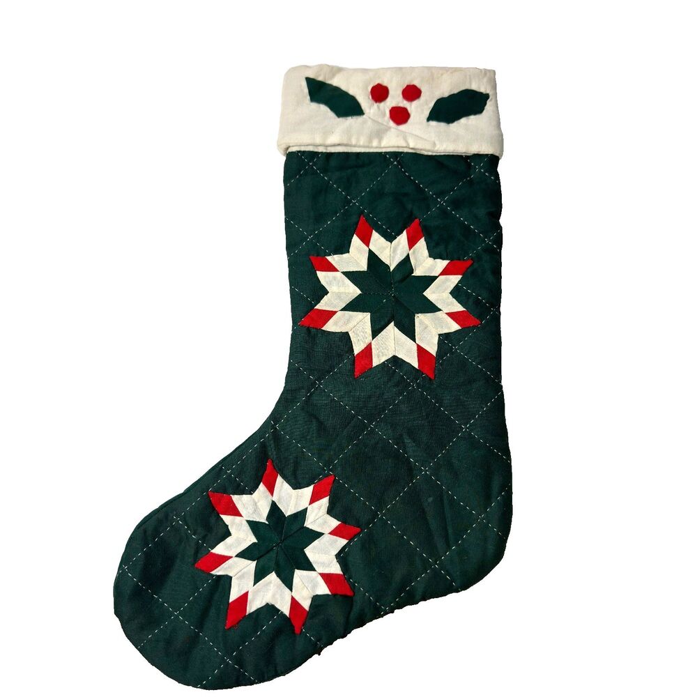 Vintage Christmas Stocking Quilted Lone Star Patchwork Starburst Holly Green 19"